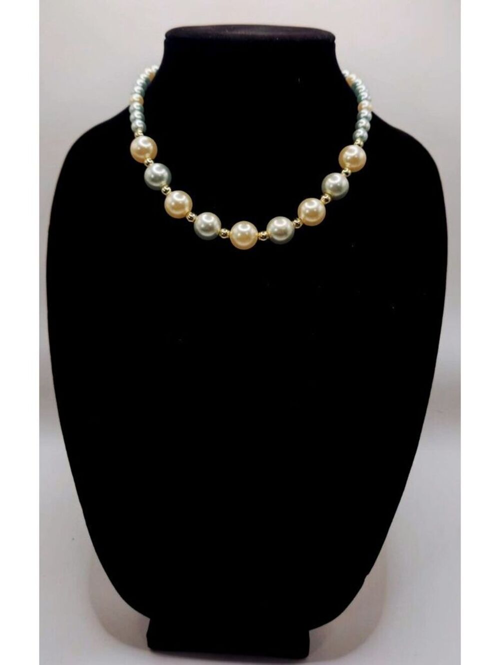 Vintage Pastel Faux Pearl Choker Necklace Gold Tone Accent Beads Mint & Yellow
